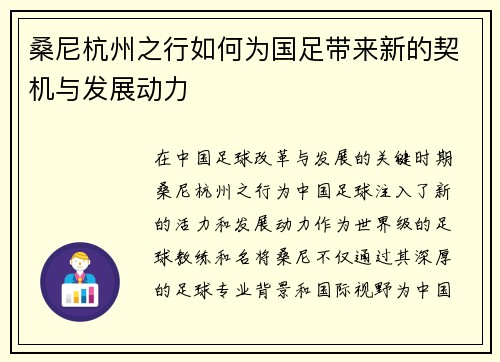 桑尼杭州之行如何为国足带来新的契机与发展动力 桑尼杭州之行如何为国足带来新的契机与发展动力